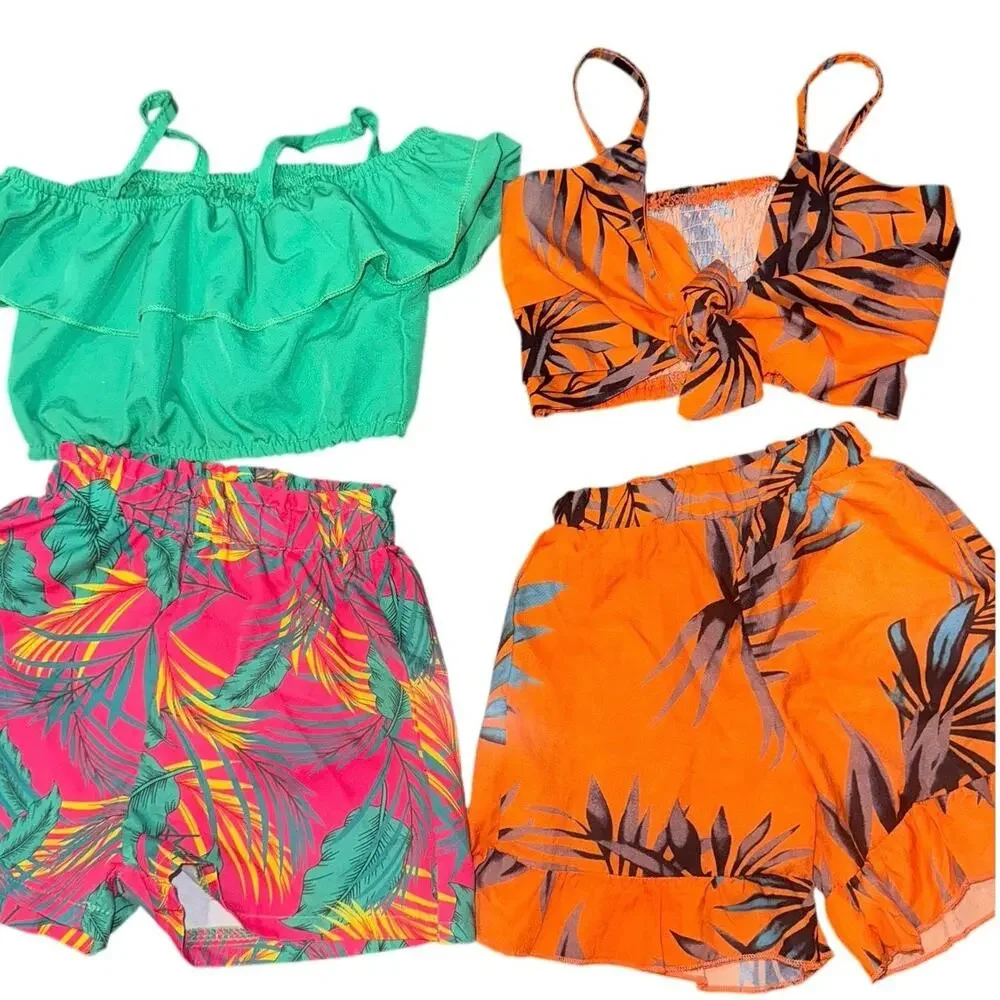 2 Tropical Summer Outfit Sets 12-24M Off Shoulder Crop Top Shorts Bundle